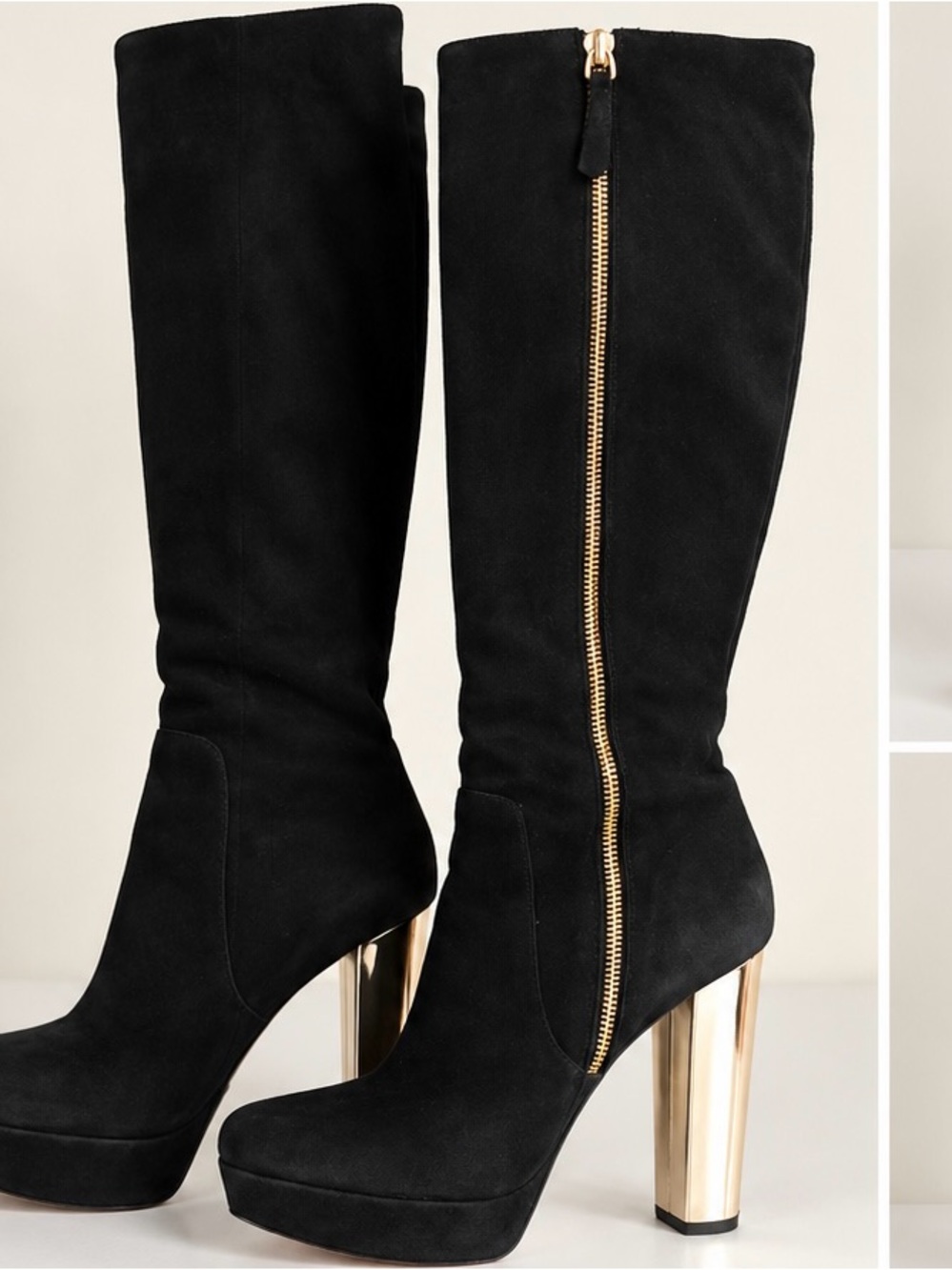 Alice + Olivia Black Knee-High Suede Boots with Gold Block Heel